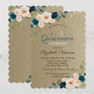 Tiara,String Lights Flowers Kraft Quinceañera Invitation