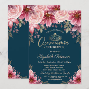 Tiara,String Lights Flowers Navy Blue Quinceañera  Invitation