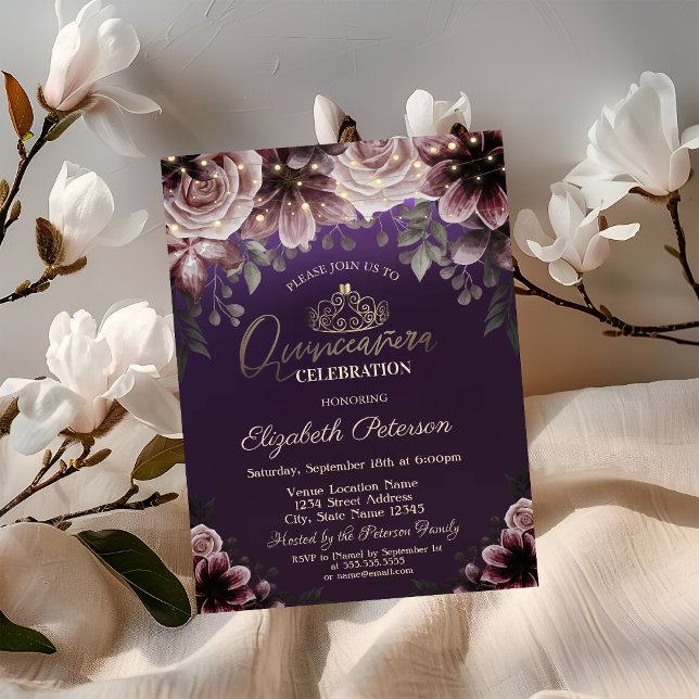 Tiara,String Lights Flowers Purple Quinceañera Invitation (Creator Uploaded)