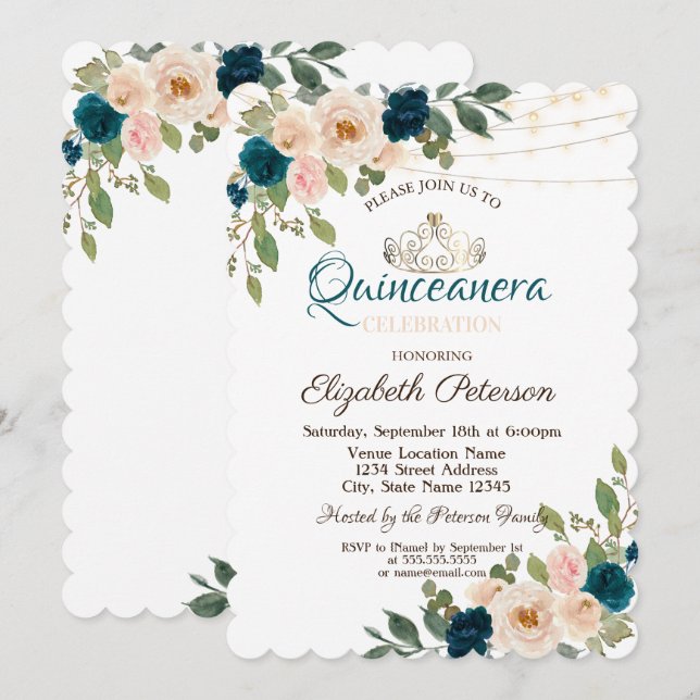 Tiara,String Lights Flowers Quinceañera Invitation (Front/Back)
