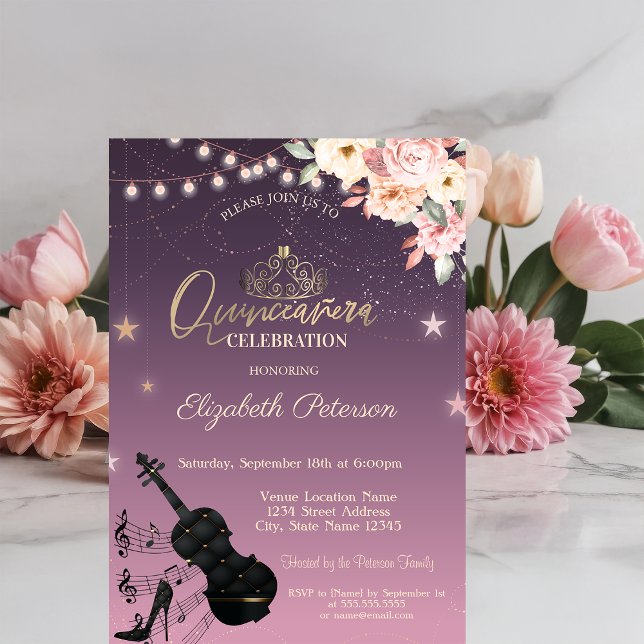 Tiara,String Lights,Guitar, Floral Quinceañera Invitation (Creator Uploaded)