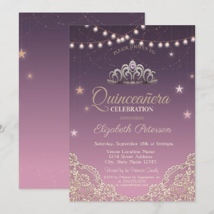 Tiara,String Lights,Lace  Quinceañera Invitation