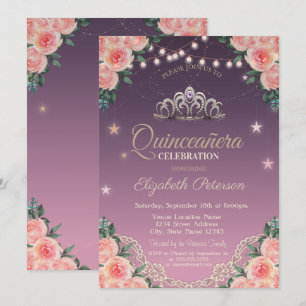 Tiara,String Lights,Lace,Roses Quinceañera Invitation