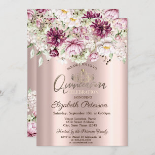 Tiara,String Lights,Pink Flowers Quinceañera Invitation