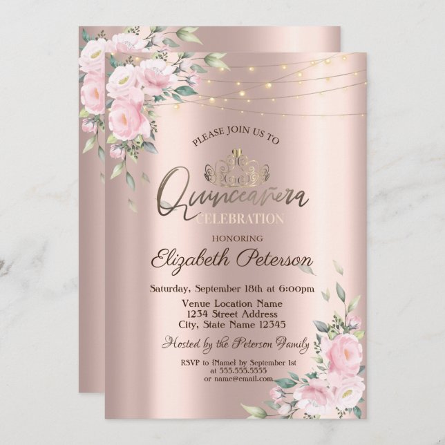 Tiara,String Lights Pink Roses  Quinceañera  Invitation (Front/Back)