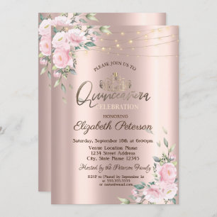Tiara,String Lights Pink Roses  Quinceañera  Invitation
