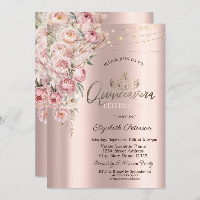 Tiara,String Lights Pink Roses  Quinceañera Invitation (Front/Back)