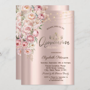 Tiara,String Lights Pink Roses  Quinceañera Invitation