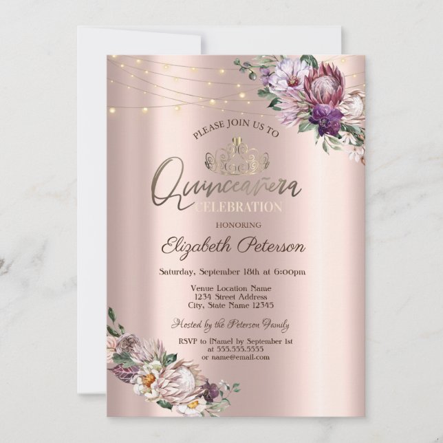 Tiara,String Lights Tropical Flowers Quinceañera Invitation (Front)