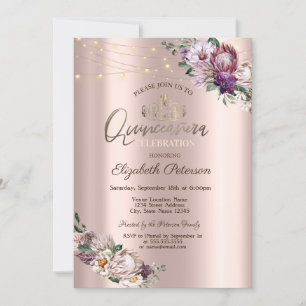 Tiara,String Lights Tropical Flowers Quinceañera Invitation