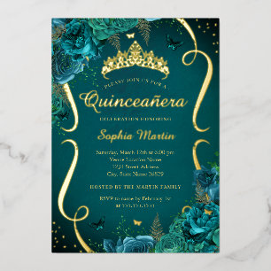 Tiara Teal Rose Floral Butterfly Quinceanera