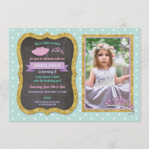 Tiara Tutu Pink Ballet Mint Glitter Birthday Photo Invitation