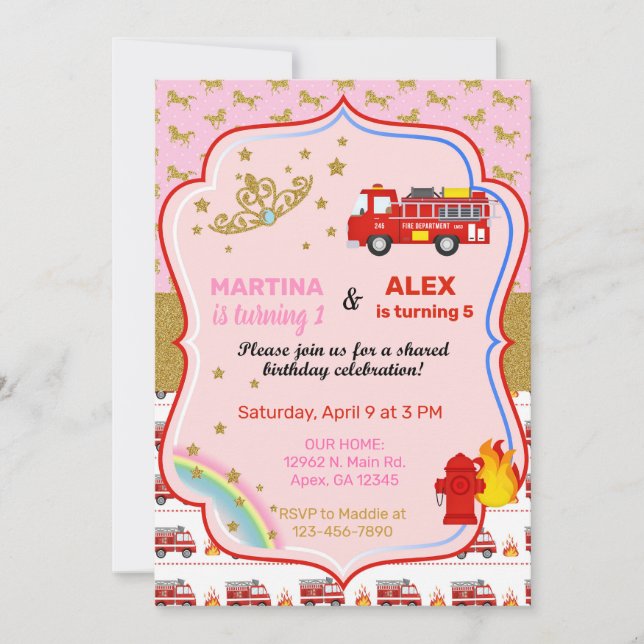 Tiaras and firetrucks siblings birthday invite. invitation (Front)