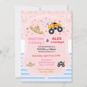 Tiaras and monster truck siblings birthday invite. invitation