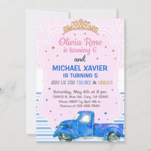 Tiaras and trucks siblings invitation. invitation