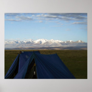 Tibet Plateau Mountains Blue Tents on Grass Poster