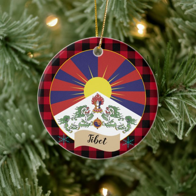 Tibet, Red buffalo plaid & Tibetan Flag Ceramic Tree Decoration (Tree)