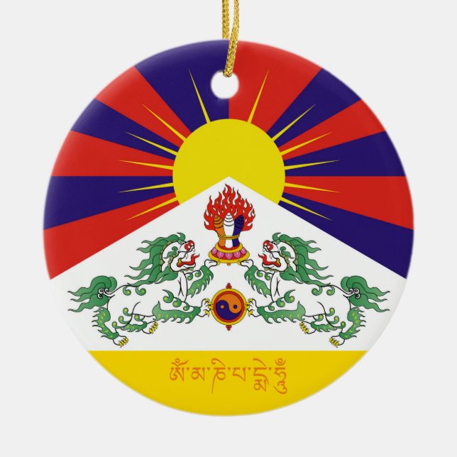 Tibet & Snow Lions flag, mantra- The Himalayas Ceramic Tree Decoration (Front)