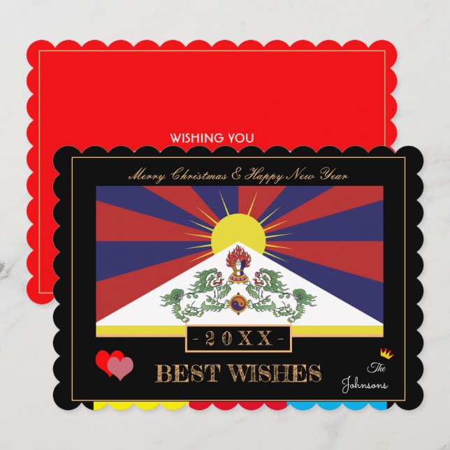 Tibetan Flag & Happy New Year /Best Wishes Tibet Holiday Card (Front/Back)