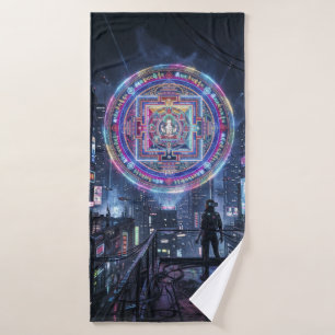 Tibetan Mandala Illuminating the Night: Cyberpunk Bath Towel