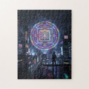 Tibetan Mandala Illuminating the Night: Cyberpunk Jigsaw Puzzle