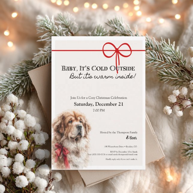 Tibetan Mastiff • Christmas Party Invitation (Cozy Christmas party invitation with Tibetan Mastiff dog wearing red bow on neutral background.)