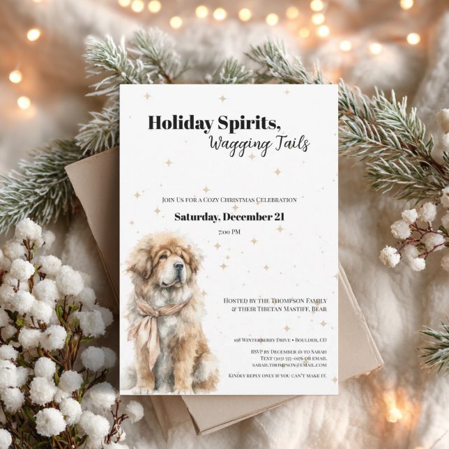 Tibetan Mastiff Christmas Party Invitation  (Tibetan Mastiff Christmas invitation with gold stars and cozy holiday theme for dog lovers.)