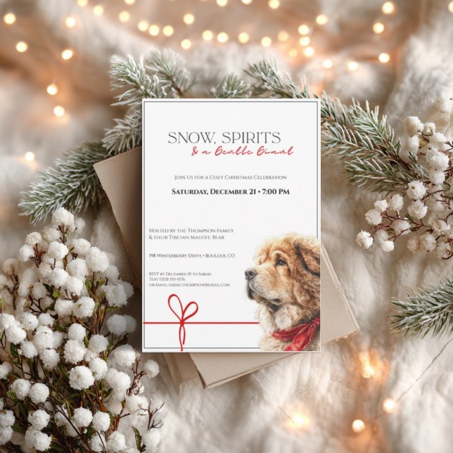 Tibetan Mastiff Christmas Party Invitation  (Christmas invitation with dog illustration, snowy pine branches and warm festive lights)