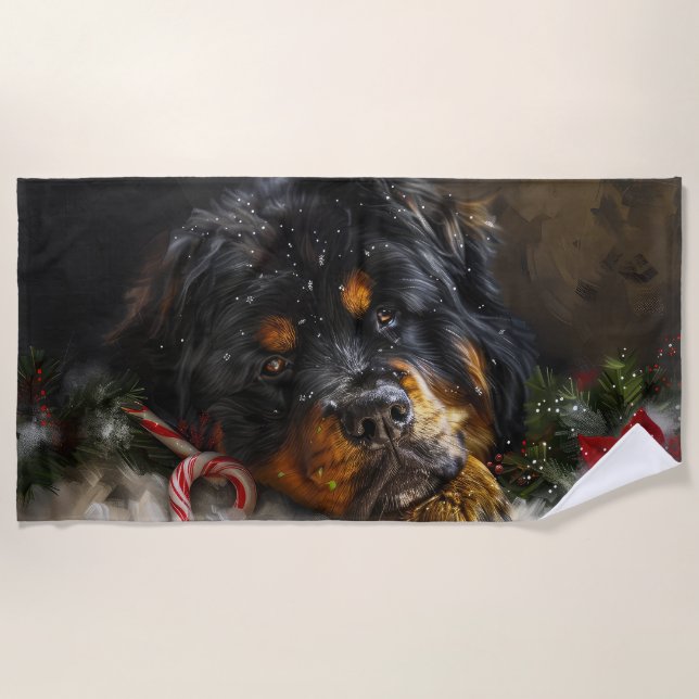 Tibetan Mastiff Dog Christmas Festive  Beach Towel (Front)