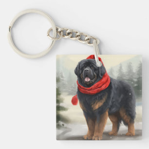 Tibetan Mastiff Dog in Snow Christmas Key Ring