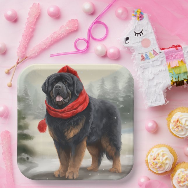 Tibetan Mastiff Dog in Snow Christmas  Paper Plate (Party)