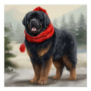 Tibetan Mastiff Dog in Snow Christmas Poster
