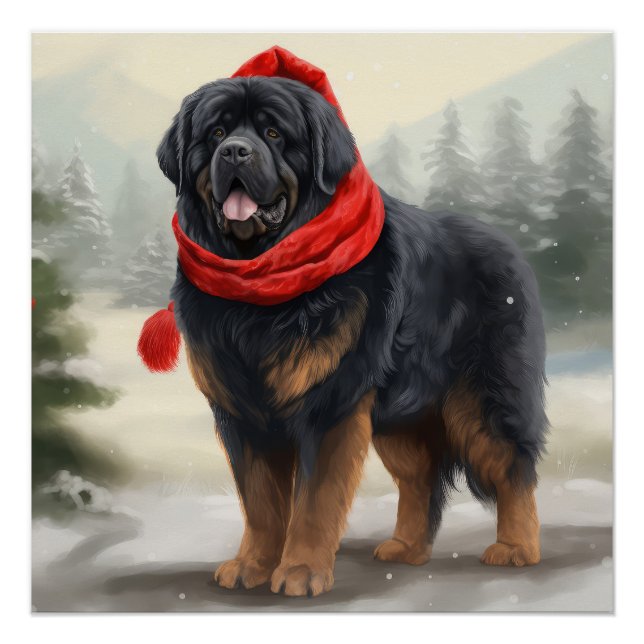 Tibetan Mastiff Dog in Snow Christmas  Poster (Front)