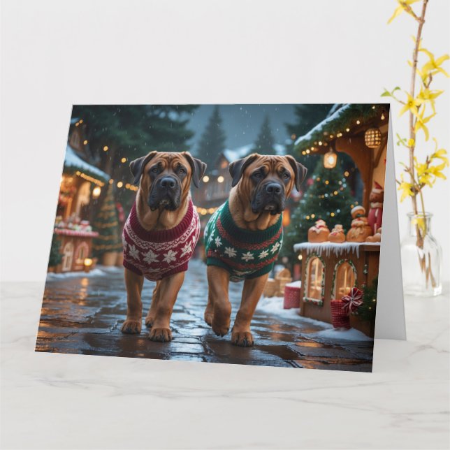 Tibetan Mastiff Dogs Christmas Snow Holiday Card (Yellow Flower)