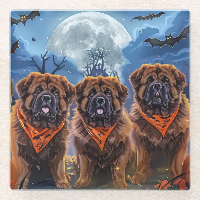Tibetan Mastiff Halloween Spooky Glass Coaster (Front)