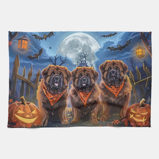 Tibetan Mastiff Halloween Spooky Tea Towel (Horizontal)