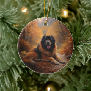 Tibetan Mastiff in Autumn Leaves Fall Inspire Ceramic Tree Decoration
