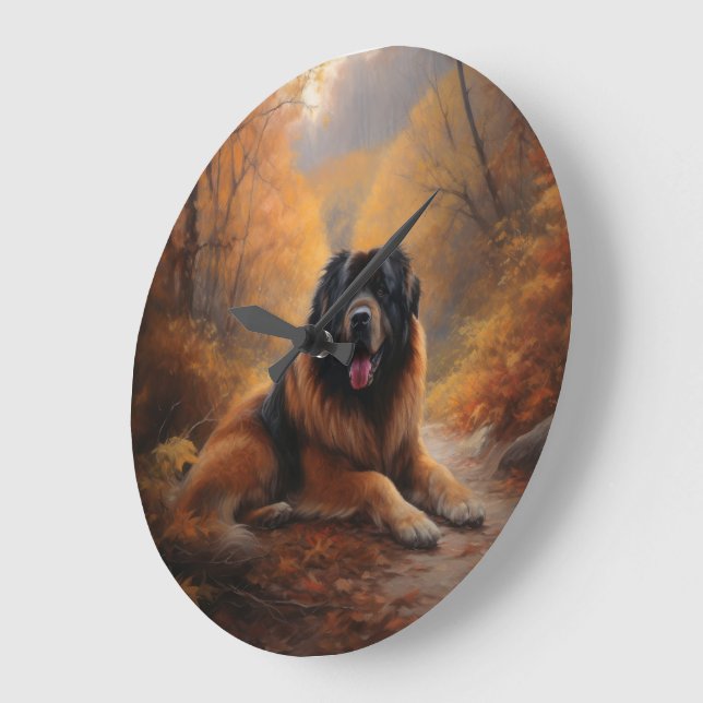 Tibetan Mastiff in Autumn Leaves Fall Inspire Large Clock (Angle)