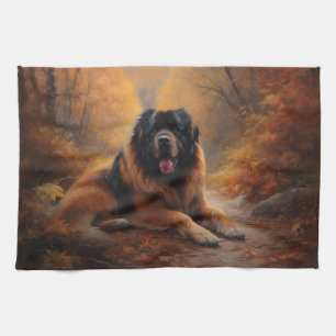 Tibetan Mastiff in Autumn Leaves Fall Inspire Tea Towel
