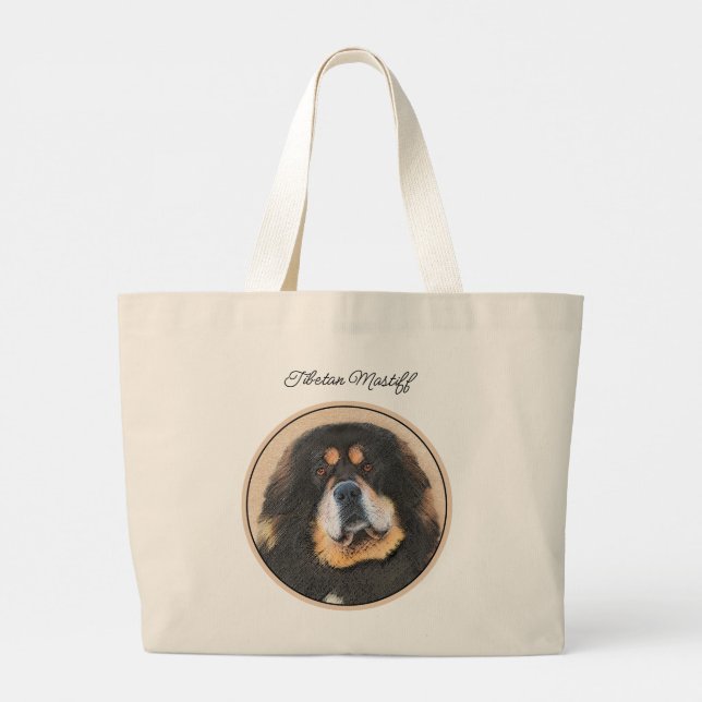 Tibetan Mastiff Painting Black and Tan Pet Dog Art Large Tote Bag (Back)