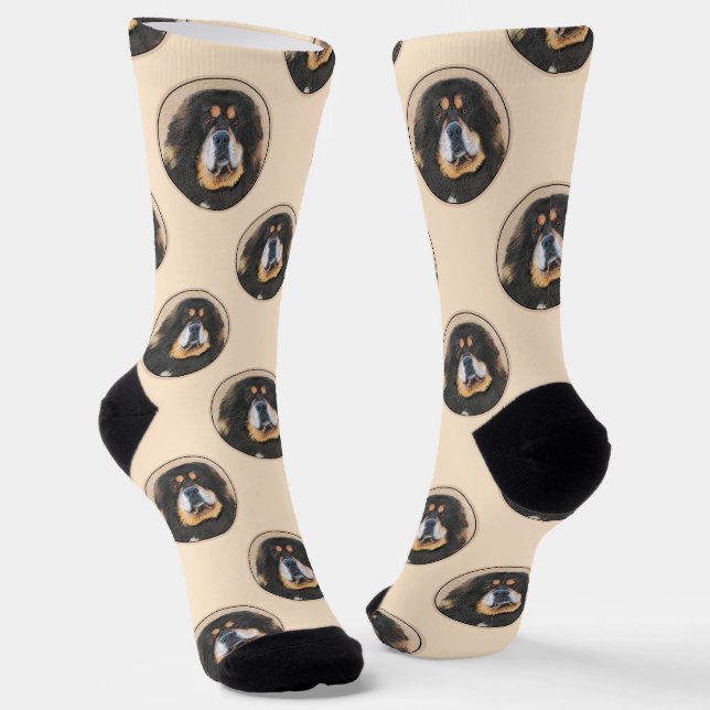 Tibetan Mastiff Painting Black and Tan Pet Dog Art Socks (Angled)