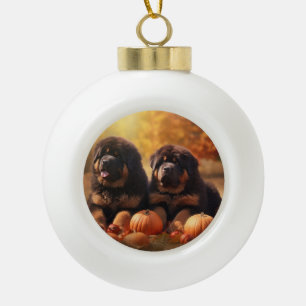 Tibetan Mastiff Puppy Autumn Delight Pumpkin  Ceramic Ball Christmas Ornament