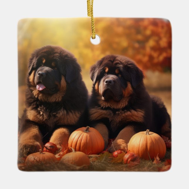Tibetan Mastiff Puppy Autumn Delight Pumpkin  Ceramic Ornament (Front)