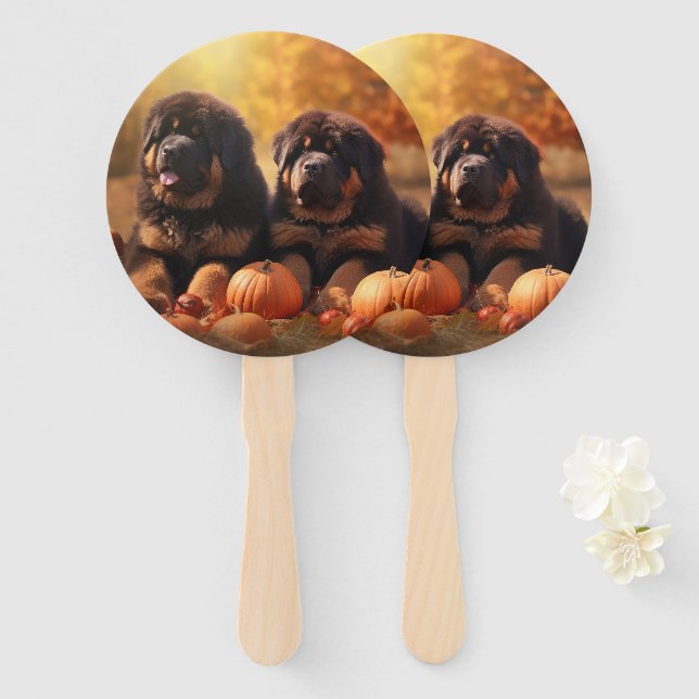 Tibetan Mastiff Puppy Autumn Delight Pumpkin  Hand Fan (Front and Back)