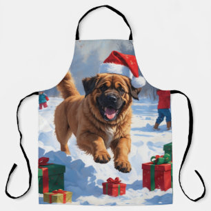 Tibetan Mastiff Running in Snow with Christmas Hat Apron