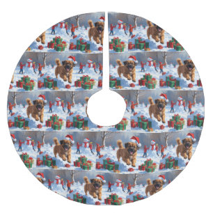Tibetan Mastiff Running in Snow with Christmas Hat Brushed Polyester Tree Skirt