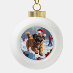 Tibetan Mastiff Running in Snow with Christmas Hat Ceramic Ball Christmas Ornament