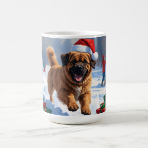 Tibetan Mastiff Running in Snow with Christmas Hat Coffee Mug