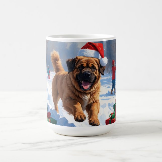 Tibetan Mastiff Running in Snow with Christmas Hat Coffee Mug (Center)