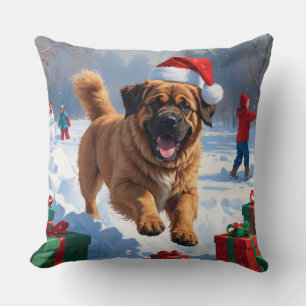 Tibetan Mastiff Running in Snow with Christmas Hat Cushion